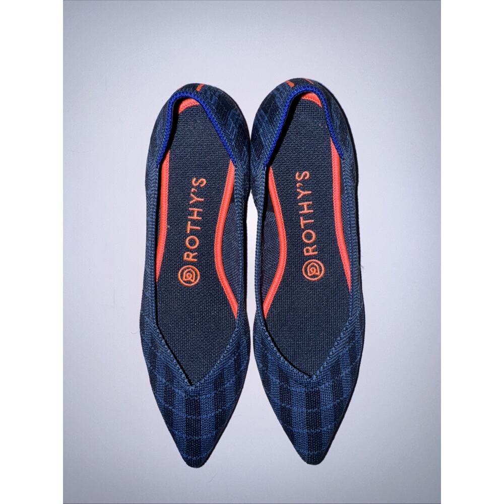 Rothy's Navy Plaid Pointed Flats with Orange Accents